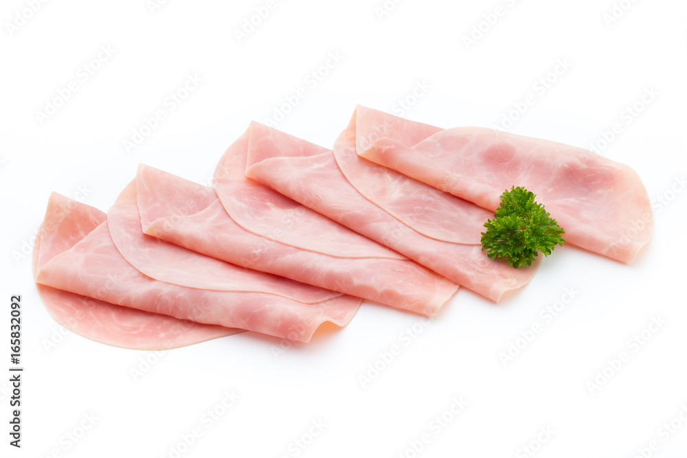 Thin slices of ham on white background. Thin slices of ham on white background.