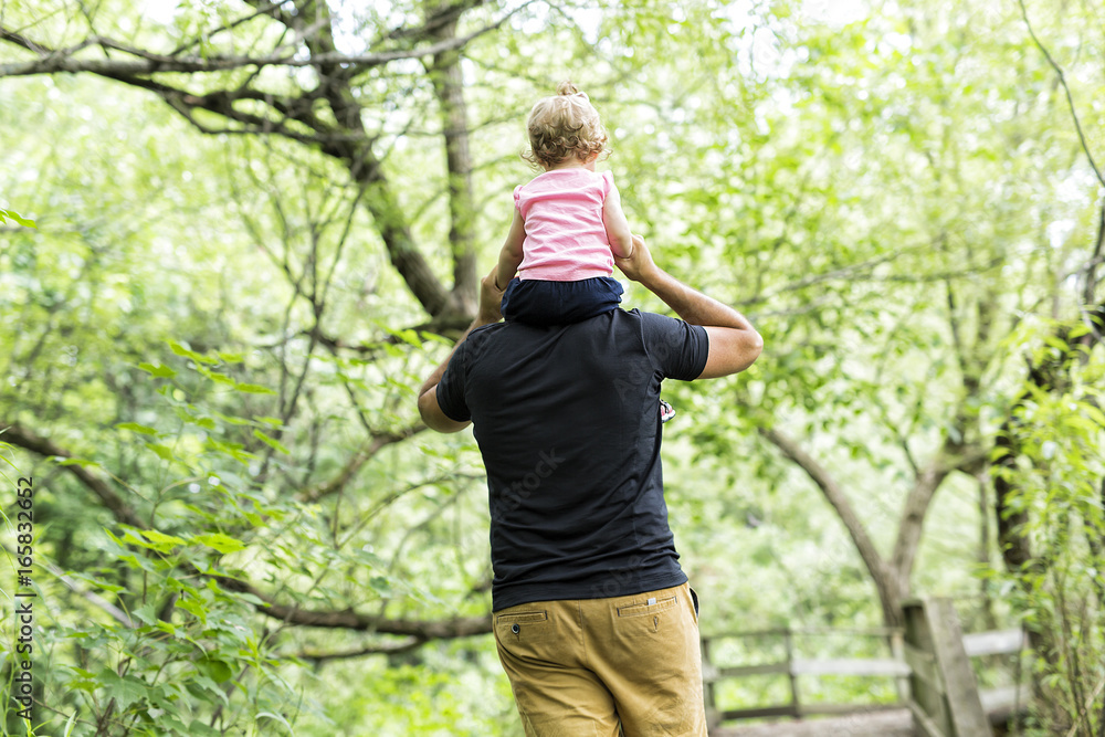 father with their cute little daughter on shoulder in meadow father with their cute little daughter on shoulder in meadow
