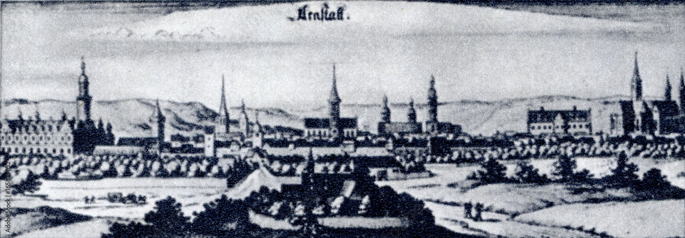 Arnstadt in Thuringia, Germany, ca. 1650 (copper engraving from Matthäus Merian, Topographia Superioris Saxoniae)   