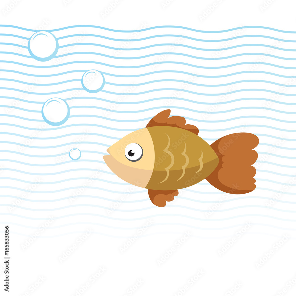 Trendy cartoon fish swimming underwater. Blue waves and bubbles. Colorful  vector flat style illustration. Stock Vector | Adobe Stock