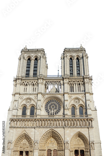 Notre Dame de Paris central main facade, national monument cathedral of France. French Gothic architecture. isolated on white background and copy space.