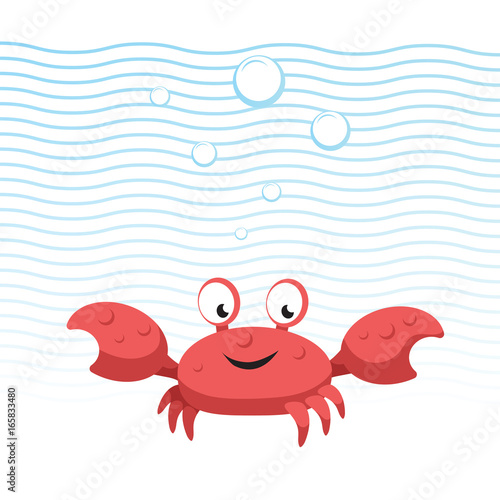 Trendy cartoon style red crab character. Simple gradient flat design for kid education. Waves and bubbles. Underwater life. © Sketch Master
