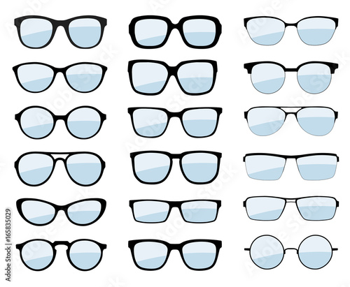 A set of glasses isolated. Vector glasses model icons. Sunglasses, glasses, isolated on white background. Various shapes - stock vector.