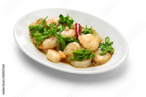 stir-fried Tonkin jasmin flowers and shrimp, vietnamese cuisine isolated on white background 