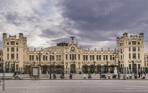 The famous Estacio del Nord, North Station, Valencia, Spain, under a dramatic sky