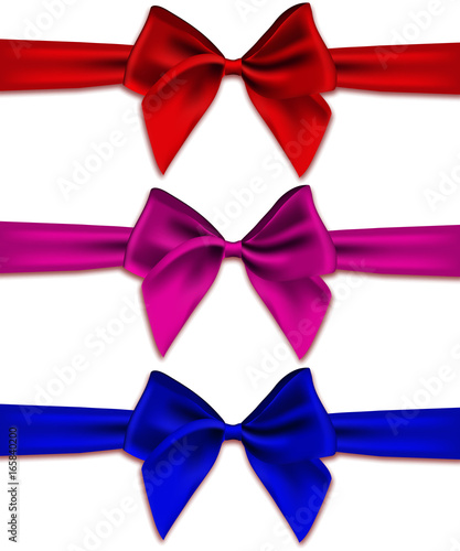 Set of bows of satin ribbons on a white background. Realistic vector illustration of 3d
