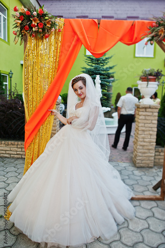 Flawless young bride in gorgeous white wedding gown posing next to the decorated arch.