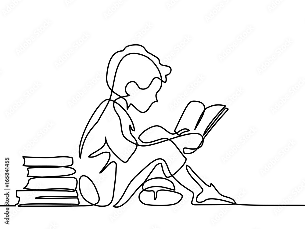 Boy studing with reading book. Back to school concept. Continuous line drawing. Vector illustration on white background Boy studing with reading book. Back to school concept. Continuous line drawing. Vector illustration on white background