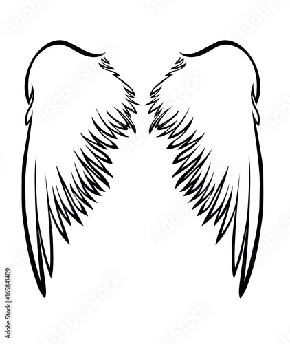 Wings. Vector illustration on white background. Black and white style. Linocut.