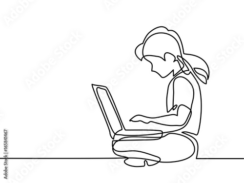 Girl studing with notebook. Back to school concept. Continuous line drawing. Vector illustration on white background