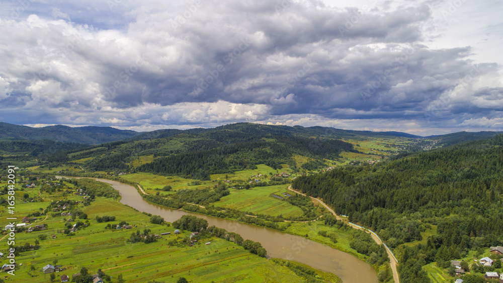 Obraz premium aerial view agriculture field summer day. Summer day landscape.