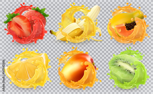 Mango, banana, kiwi fruit, strawberry, lemon, papaya juice. Fresh fruits and splashes, 3d realistic vector icon set