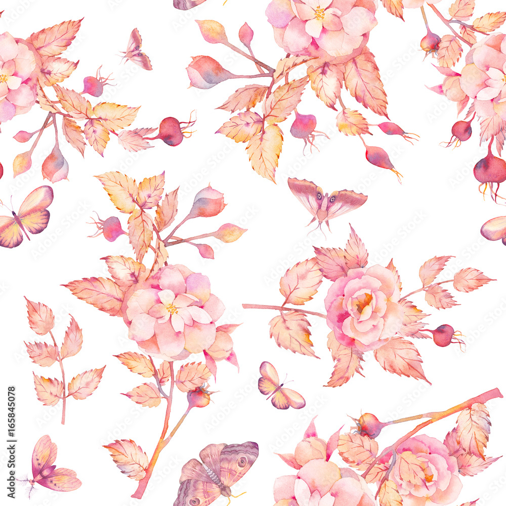 Watercolor seamless pattern with wild rose flowers, berries and butterfly. Hand painted repeating background with floral elements, branches and leaves. Garden style texture Watercolor seamless pattern with wild rose flowers, berries and butterfly. Hand painted repeating background with floral elements, branches and leaves. Garden style texture