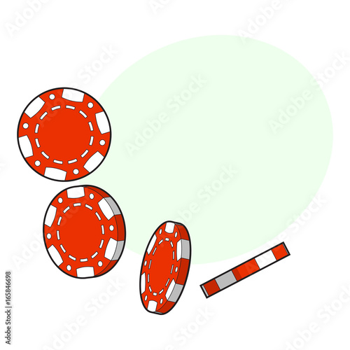Set of falling red gambling, casino, poker chips, sketch style vector illustration with space for text. Gambling chips falling down on white background