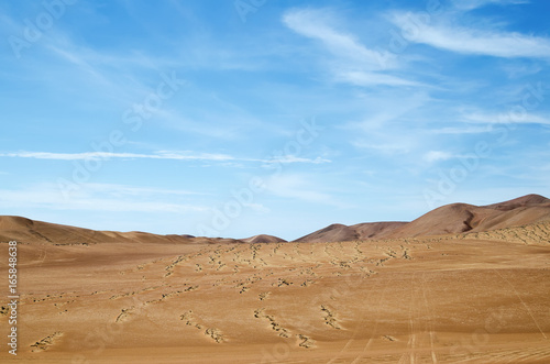 Sand dunes of the desert under blue sky - extreme heat