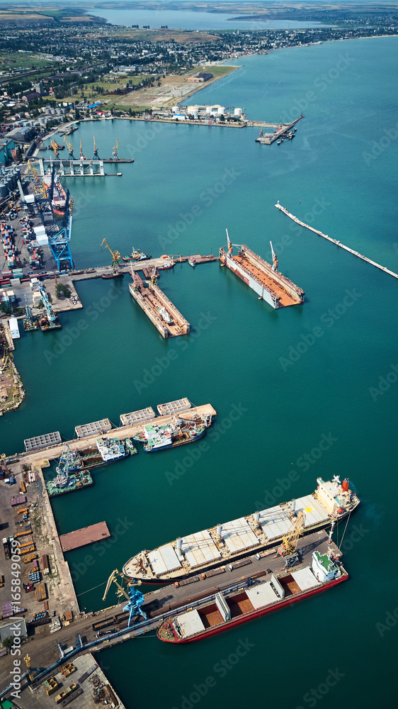 aerial view of city industrial sea port