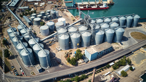 aerial view of wheat silos storage in sea port