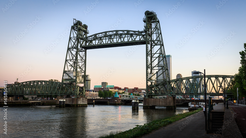 De Hef Bridge at sunset in Rotterdam in Netherlands