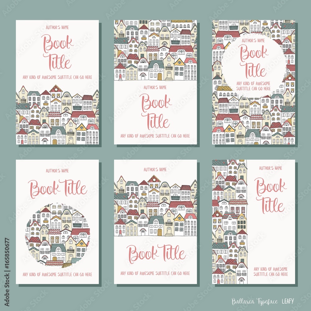 Colourful houses - set of six hand drawn book cover templates