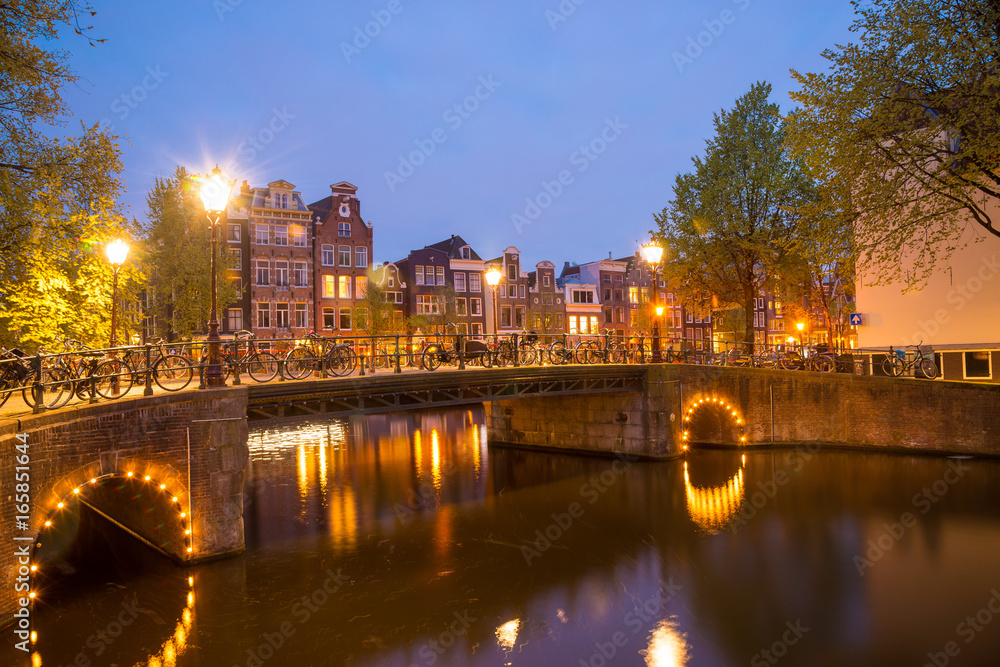 One of the famous canal of Amsterdam, the Netherlands at dusk