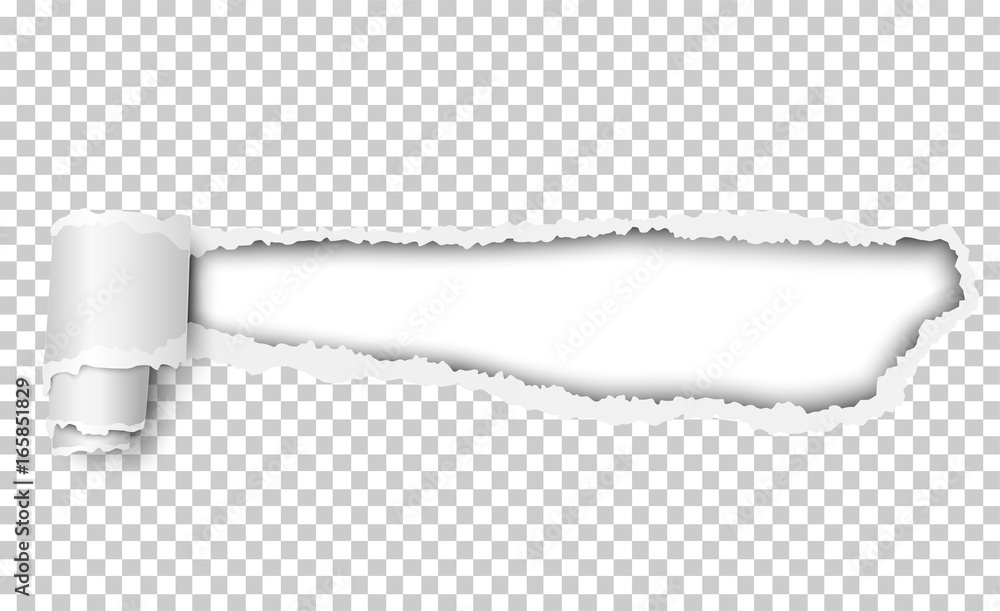 Tattered hole in transparent sheet of paper with soft shadow, white background in the resulting window and paper curl. Vector template design.