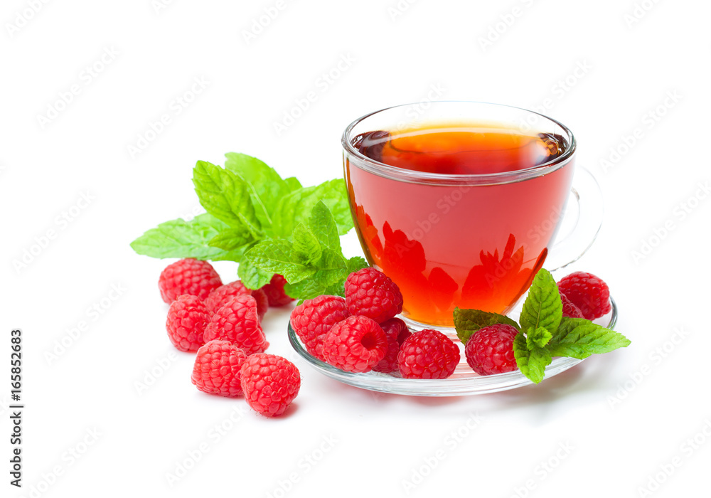 Red fruit tea with raspberry and mint isolated on white background Red fruit tea with raspberry and mint isolated on white background