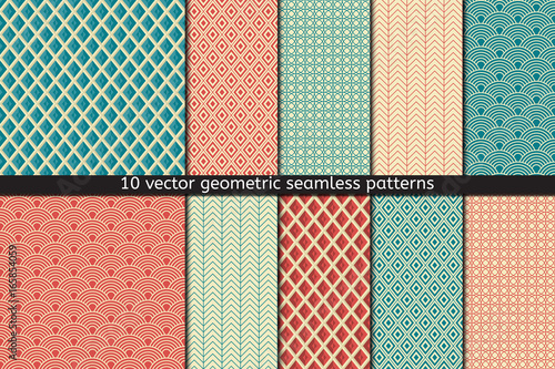 Set of Ten Vector Seamless Patterns In Blue and Red Colors. textile fabric