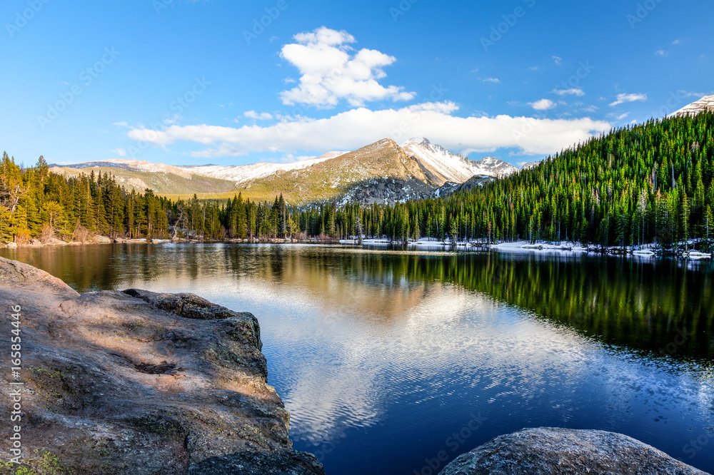 Bear Lake in the Rocky Mountain National Park in Colorado, is magnificent::clear, serene, cold,