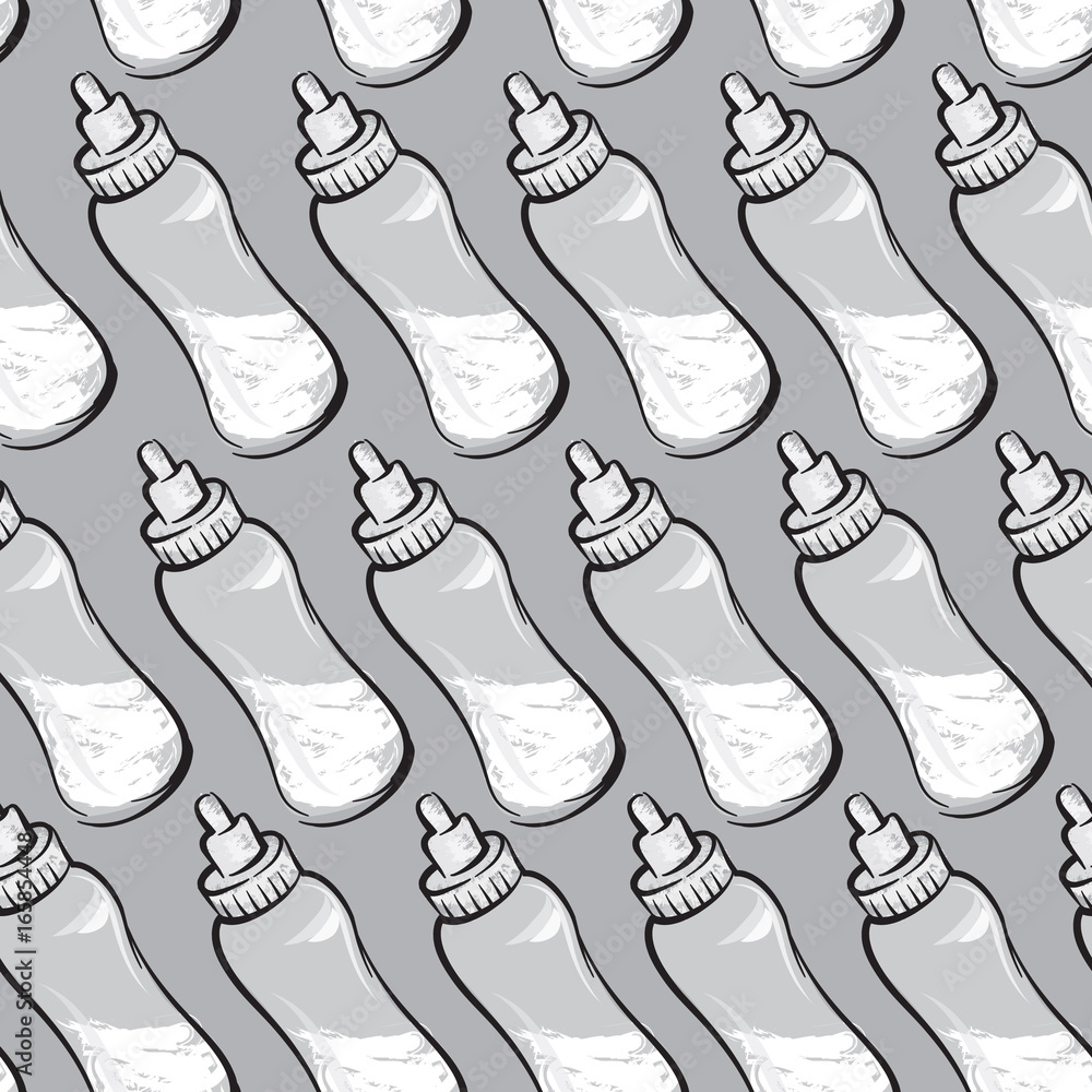Baby bottle with milk seamless pattern. Baby care drawn background Baby bottle with milk seamless pattern. Baby care drawn background