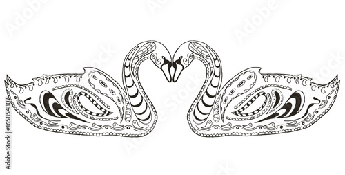 Two swans zentangle stylized, illustration, vector, freehand pencil, heart, love. Anti stress coloring book for adults and kids.