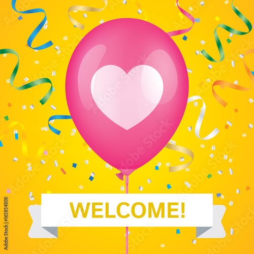 Star printed pink ballon with white ribbon and colorfull confetti on a yellow background. Greeting card vector design.