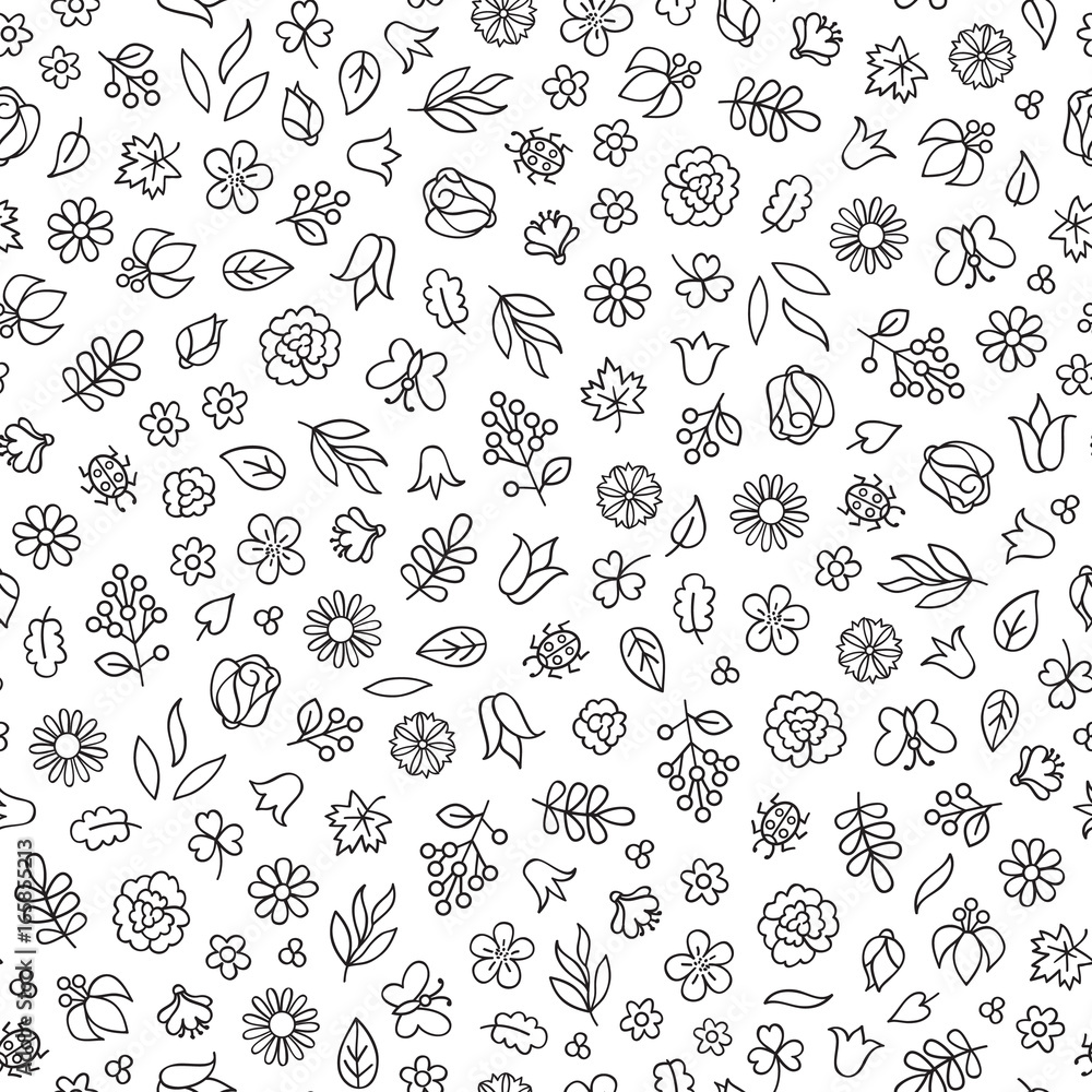 Flower icon seamless pattern. Floral leaves, flowers. White ornamental summer nature background Flower icon seamless pattern. Floral leaves, flowers. White ornamental summer nature background