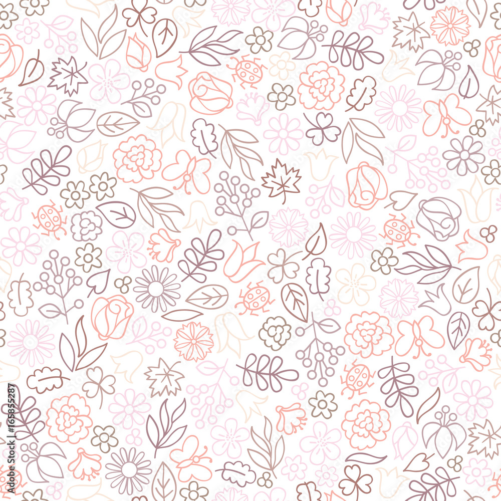 Flower icon seamless pattern. Floral leaves and flowers white texture