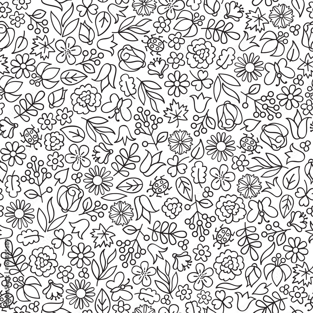 Fototapeta premium Flower icon seamless pattern. Floral leaves, flowers, berry nature white texture