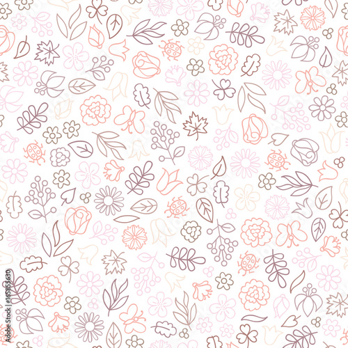 Flower icon seamless pattern. Floral leaves, flowers. Summer Nature white texture © Terriana