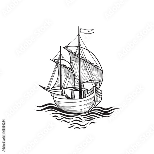 Sailing ship. Retro transport. Marine background. Sail boat engraving sign