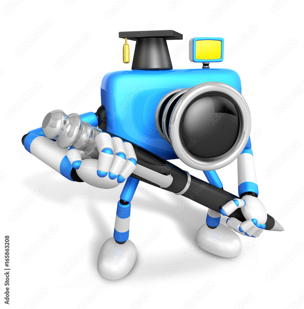 Blue Camera Character ballpoint pen a handwriting. Create 3D Camera Robot Series. Blue Camera Character ballpoint pen a handwriting. Create 3D Camera Robot Series.