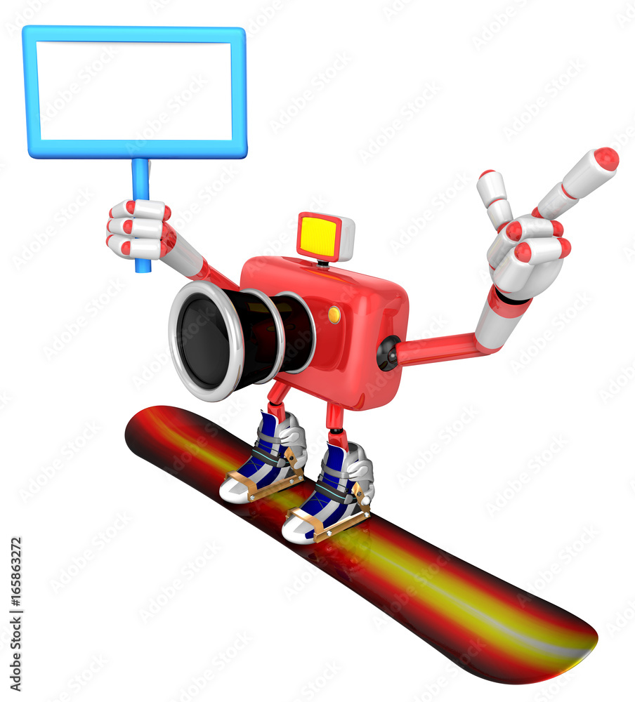 Red Camera Character snowboard a riding. Create 3D Camera Robot Series. Red Camera Character snowboard a riding. Create 3D Camera Robot Series.