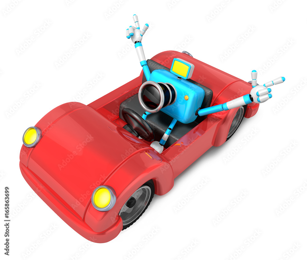Driving a red Convertible car in sky blue camera Character. Create 3D Camera Robot Series.
