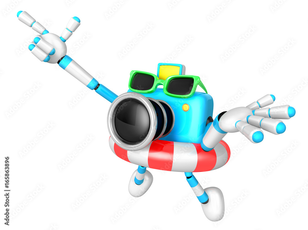 Sky Biue Camera Character jumping in rubber ring. Create 3D Camera Robot Series. Sky Biue Camera Character jumping in rubber ring. Create 3D Camera Robot Series.