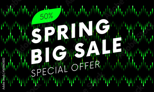Special offer spring big sale text banner on musical dark background. Vector illustration.