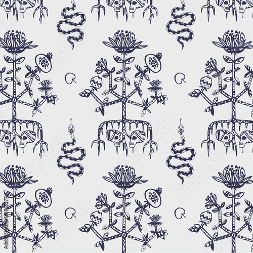Life and death pattern with lovers sculls under life tree and snake 