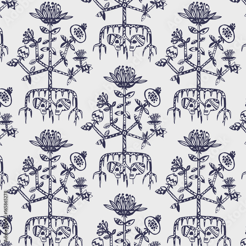 Life and death pattern with lovers sculls under life tree