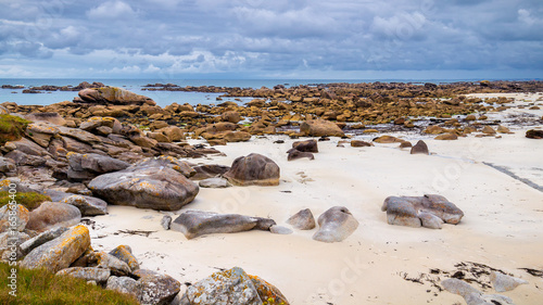 Moss stone and coastline in Brittany (Bretagne), France