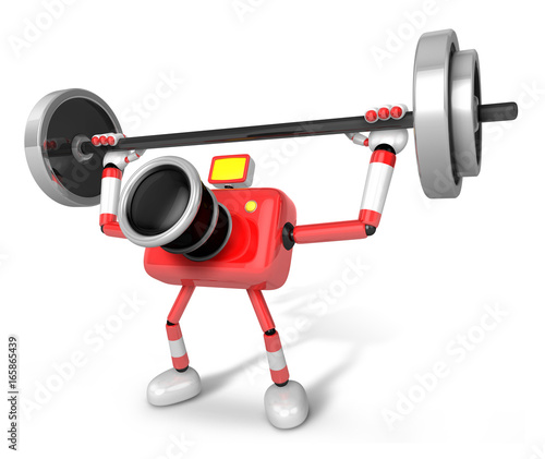 3D Red Camera character a Barbell Shoulders Press Exercise. Create 3D Camera Robot Series.