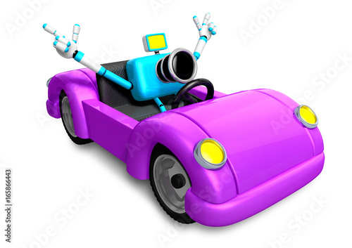 Driving a purple sports car in biue camera Character. Create 3D Camera Robot Series. photo