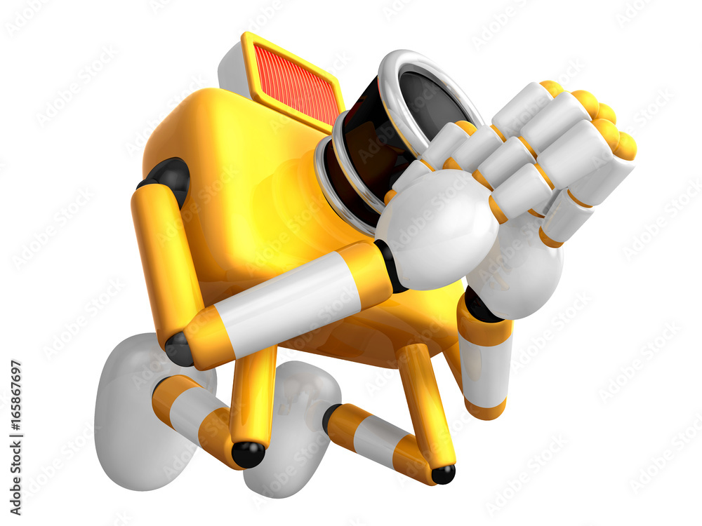 Yellow Camera Character kneel in prayer. Create 3D Camera Robot Series. Yellow Camera Character kneel in prayer. Create 3D Camera Robot Series.