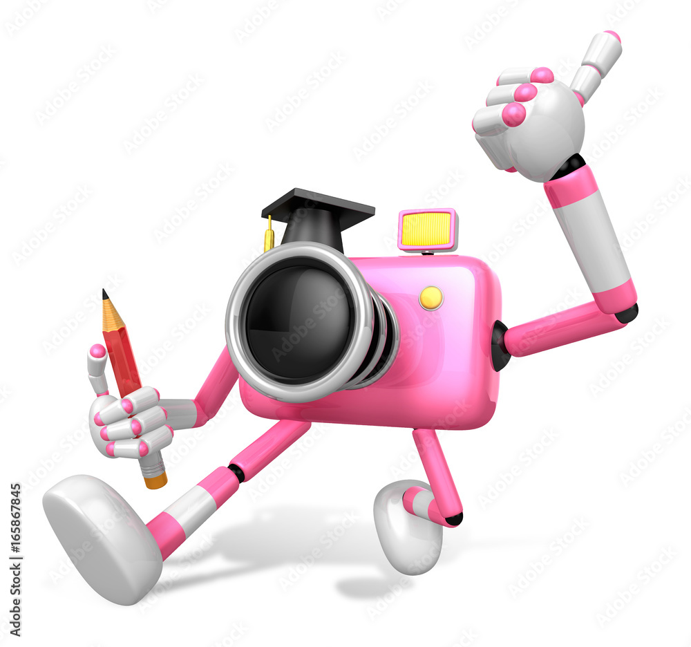 The best gesture of the right hand is taking Master Pink Camera Character. The Left hand grasp pencil. Create 3D Camera Robot Series.