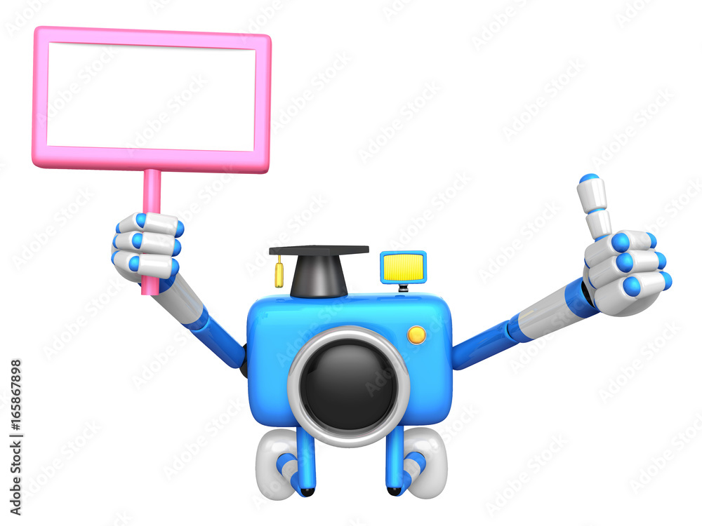 The best gesture of the left hand is taking Master Blue Camera Character. The right hand grasp board. Create 3D Camera Robot Series.