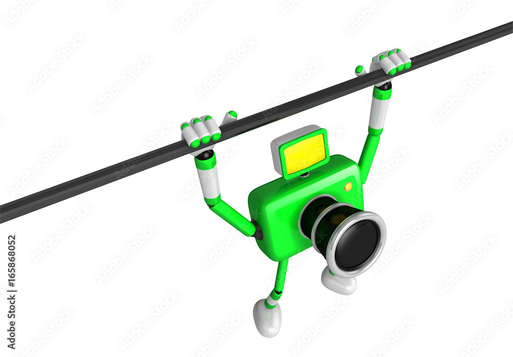 Fototapeta premium Green Camera character is hanging in horizontal bar. Create 3D Camera Robot Series.